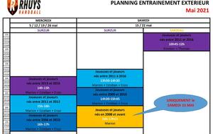 Planning des entraînements Mai 2021