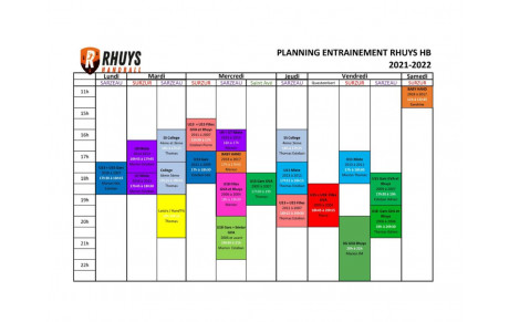 Horaires des entraînements saison 2021/2022