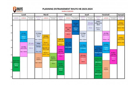 plannings des entrainements saison 2023/2024
